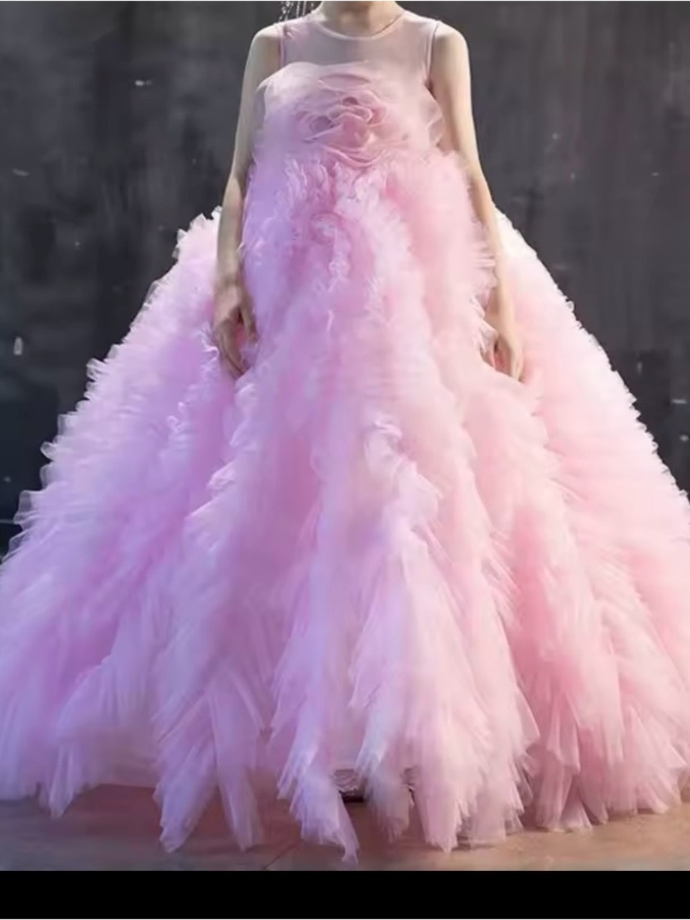 Pink Ruffled Tulle Ball Gown with Rosette Waist - Picture 3 of 3